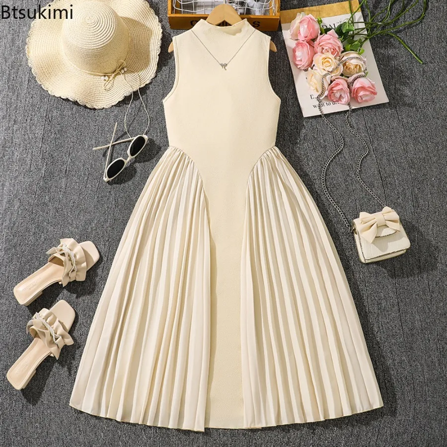 Teens Solid Color Beige O-Neck Sleeveless Wrinkled A-Line Dress for Girls 8-12 Years Summer New Elegant Frenchy Party Clothing
