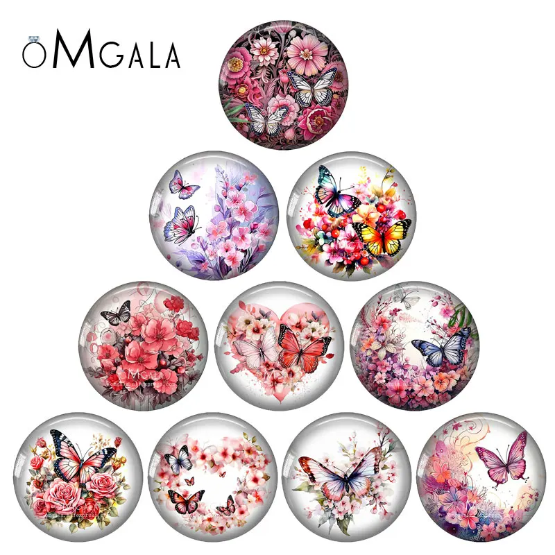 Beautiful Pink Butterfly With Flowers Art Patterns 12mm/18mm/20mm/25mm Round Photo glass cabochon demo flat back Making findings