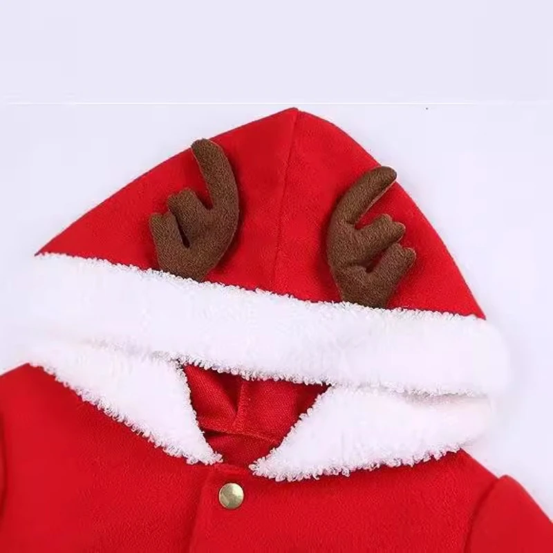 Red Christmas Hooded Dress Reindeer Antler Decor Furry Trim Belt Design Santa‑Style Costume for Xmas Party Cosplay Festive Wear