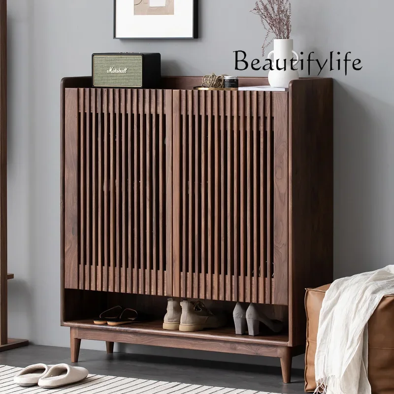 

Modern Light Luxury Black Walnut Wood Hallway Cabinet Living Room Entrance Shoe Cabinet Grille Storage Storage Shoe Rack