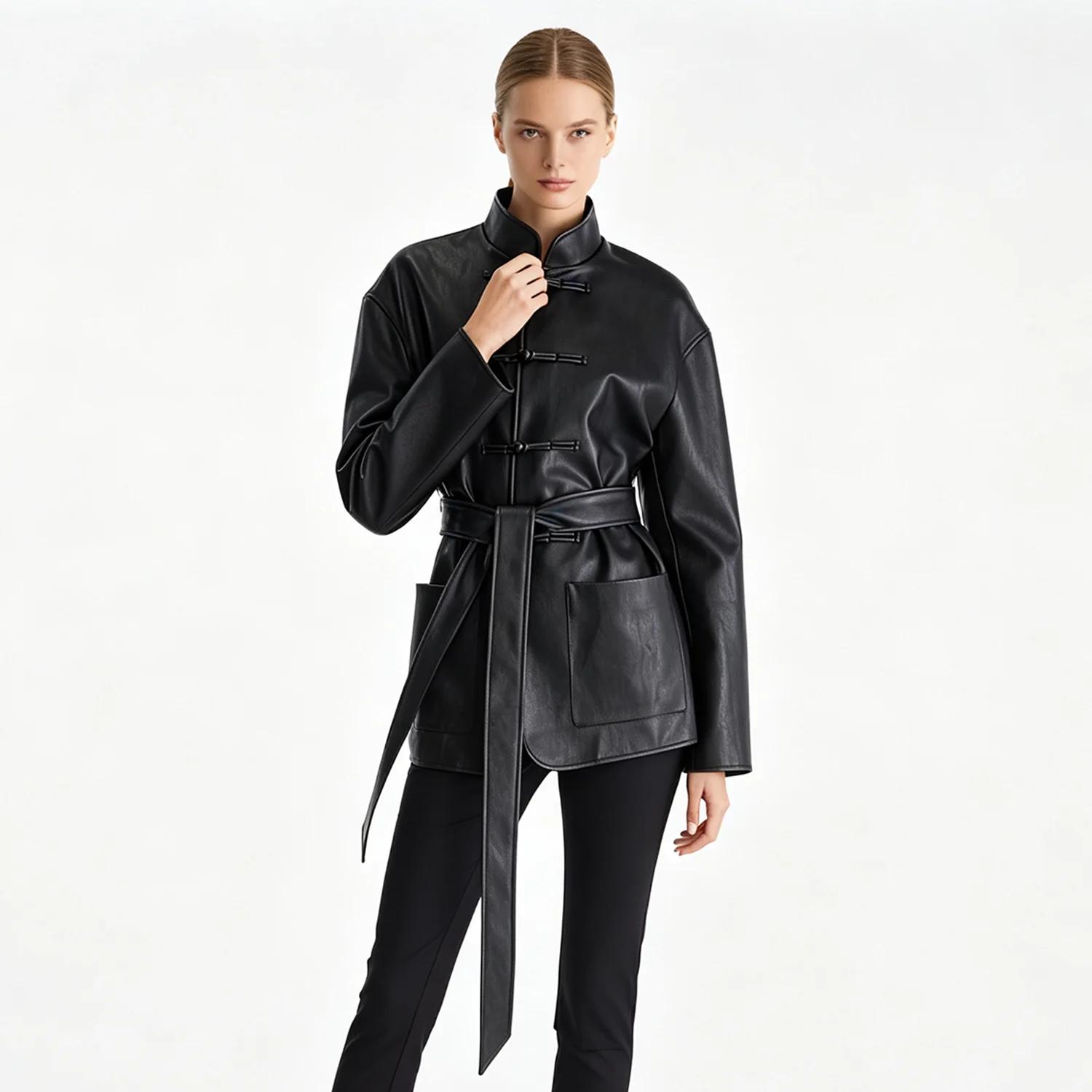PUAL  2026 Women Chinese Frog Button Leather Jacket, Stand Collar Belted Waist Black Faux Leather Coat With Pockets