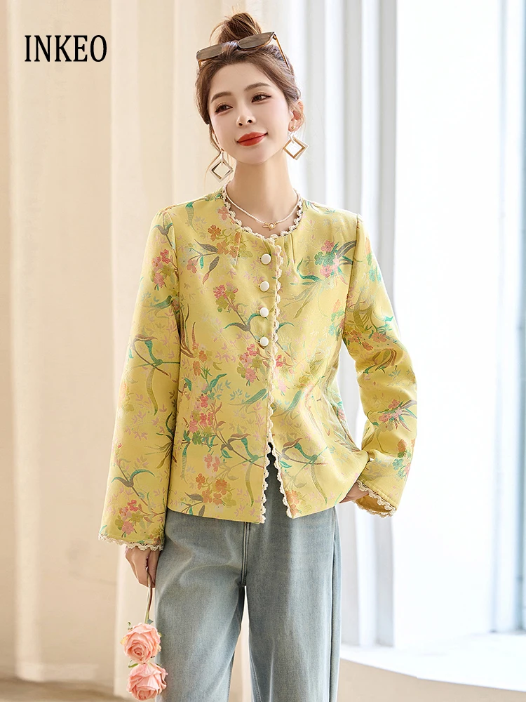 

Chinese style Women's Floral print jacket for women 2025 Autumn Luxury Vintage O-neck Long sleeve coat Female outwear 5O065
