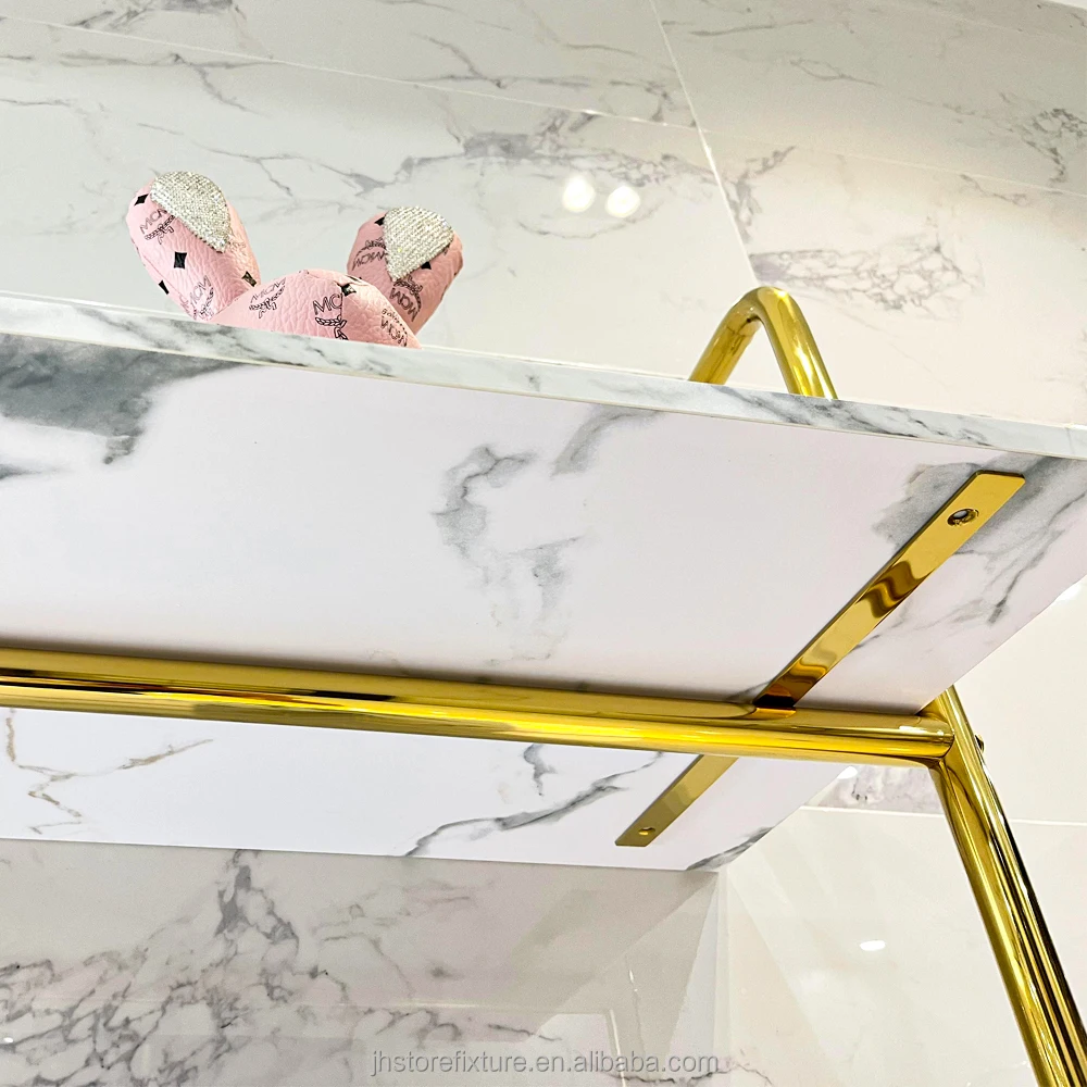 ชั้นวางรองเท้าโลหะแบบขายดี ชั้นวางโชว์กระเป๋าถือสำหรับร้านขายของผู้หญิง