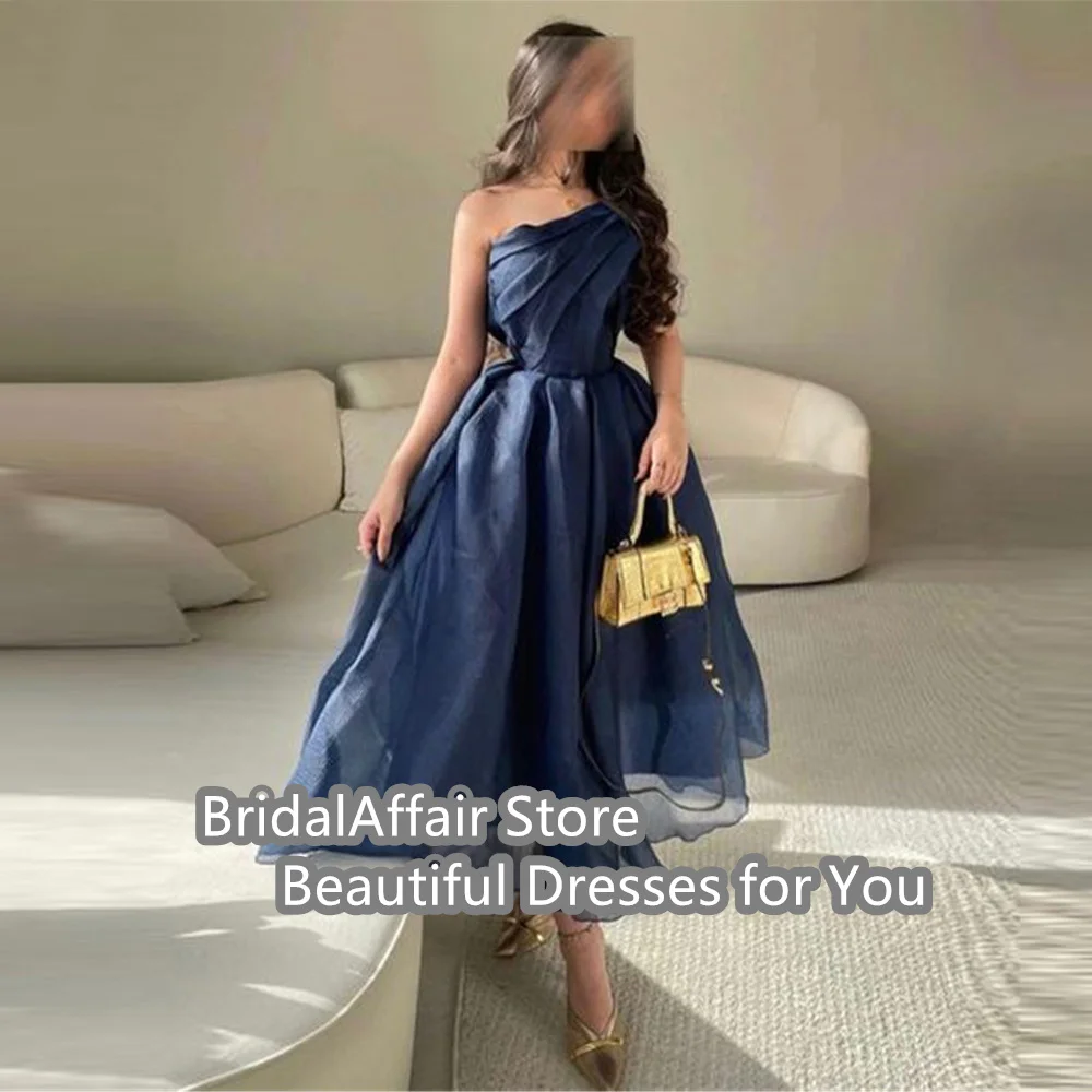 Navy Blue Organza A Line Prom Dresses One Shoulder Pleats Ankle Length Evening Gowns Party Formal Dress Saudi Arabic Gowns