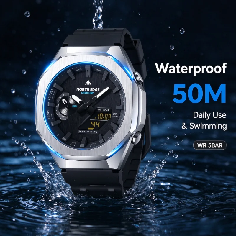 NORTH EDGE MERCURY Men Military Watch Analog Digital Dual Display 50M Waterproof World Time Stopwatch LED Backlight Sports Wrist