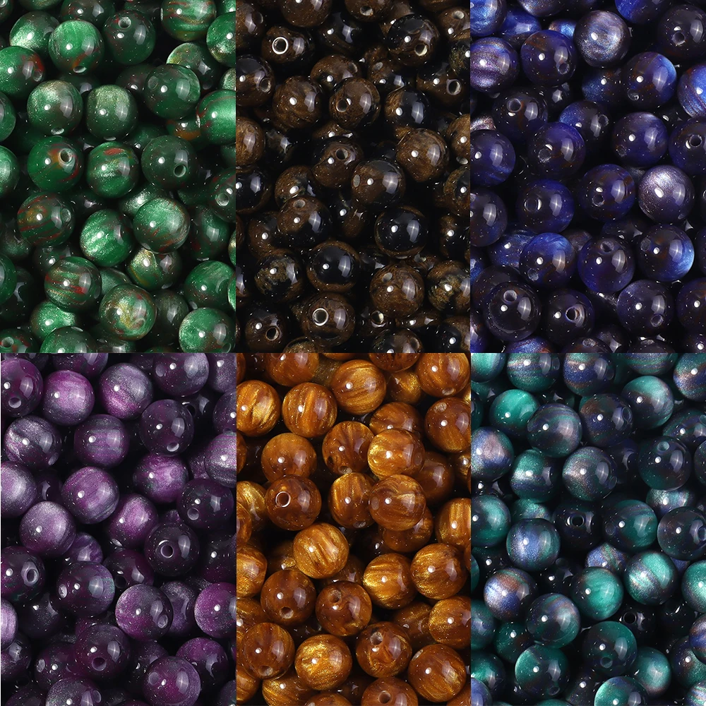 50 Stück 8mm Dunkle Farbe Imitation Katzenauge Harzperlen Glitzer Sternenhimmel Runde Lose Perlen für Schmuckherstellung DIY Armbänder Halskette