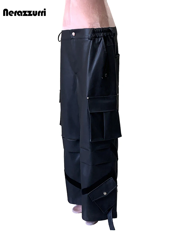 Nerazzurri Autumn Black Patchwork Pu Leather Wide Leg Cargo Pants for Men Elastic Waist Three-dimensional Pockets Menswear 2026