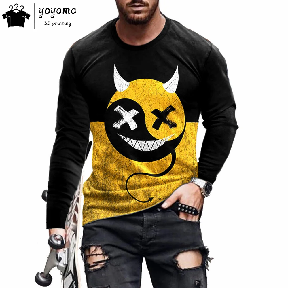 Funny Pattern Print T-shirts for Men Casual O-Neck Long Sleeve T-shirt Harajuku Street Tops Fashion Casual Men's Long Sleeves