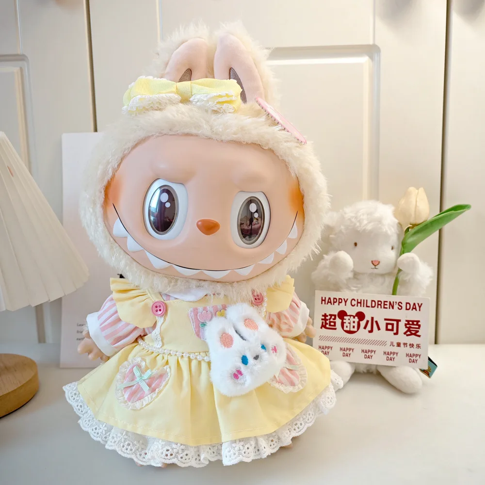 

For 38cm Labubu Clothes Outfit Chic Yellow Cream Small Flower Dress Set Fashion Hanfu Clothes Colorful Hoodies Dolls Accessories