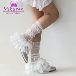 Mikumn Harajuku Women Leg Warmers Socks Japanese Kawaii White Lace Mesh Bow Long Socks Y2k Cute Chic Summer Leg Cover Streetwear