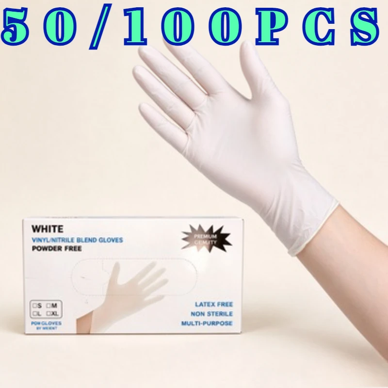 50/100PCS Disposable White Nitrile Gloves Housework Hairdressing Manicure Dishwashing Tattoo Grow Flowers Cleaning Gloves