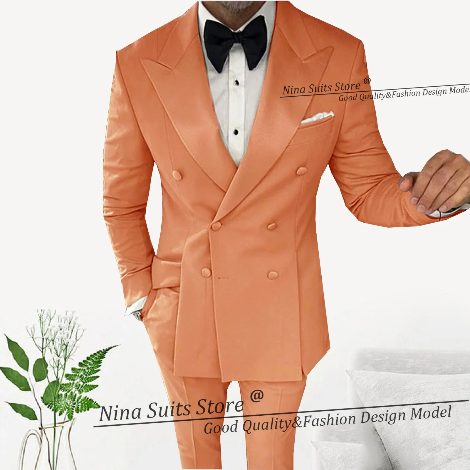 

G&N Модные мужские праздничные костюмы Оранжевый 2025 Новый двубортный смокинг с двумя разрезами спереди Блестящий атласный пиджак с пиковыми лацканами Брюки