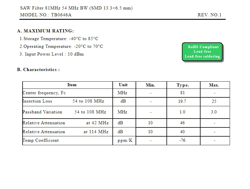 BW embalou SMD e SAW o filtro, brandnew, código genuíno 646, 81MHz, 54 MHz, 5 PCes