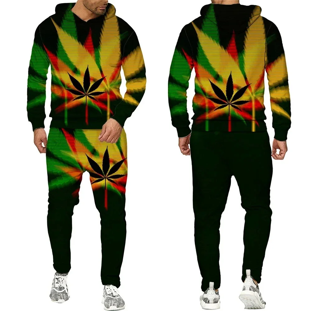 New 3D Printing Couple Tricolor Maple Leaves Fashion Men Women Tracksuits Crewneck Hoodies+pants Plus Size S-7XL Men Clothing