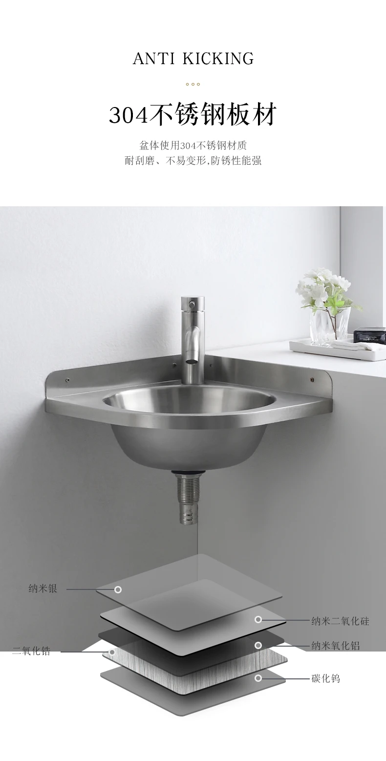 حوض غسيل مثلث من الفولاذ المقاوم للصدأ 304، شقة صغيرة، حوض غسيل زاوية صغيرة، حوض غسيل مثبت على الحائط