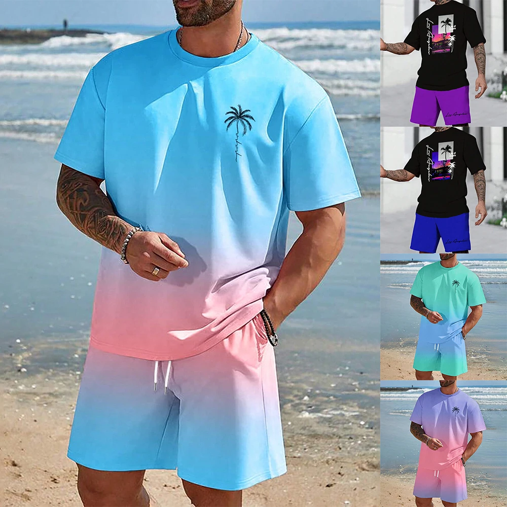 

2024 New Men's Set Summer Casual Breathable Refreshing Set Printed 3D Coconut Tree Oversized Men's Top T-shirt Beach Style