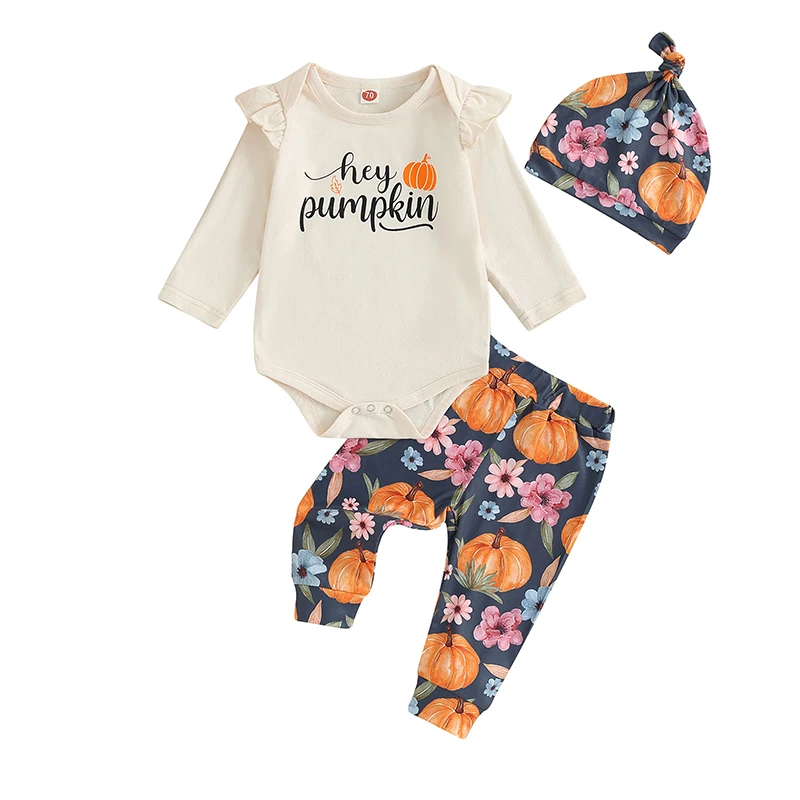 Baby Girls 4Pcs Fall Letter Print Outfits Set Long Sleeve Romper Floral Pants Headband Hat Set Infant Clothes Set