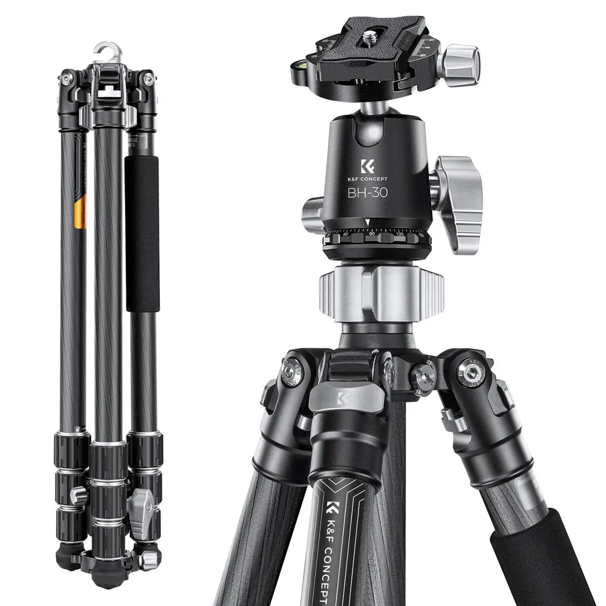 K&F CONCEPT 68''/1.7m Carbon Fiber Tripod with 12KG/26.2lbs Ball Head For Nikon Canon Sony DSLR Camera Tripod Stand X254C4+BH-30
