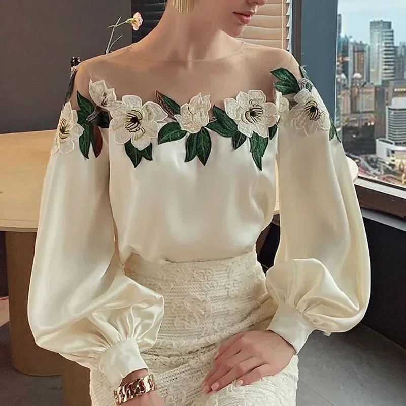 New Mesh Patchwork Satin Blouse Women Elegant Embroidered Shirt O-neck Tops Spring Long Lantern Sleeve Women\'s Clothes 24976