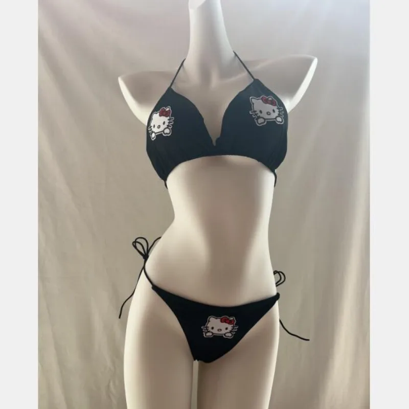 Oryginalny Sanrio Hello Kitty zwięzły jednolita seksowna damski kabriolet pasek wielokolorowy komplet bielizny czarny biustonosz Bikini i zestaw