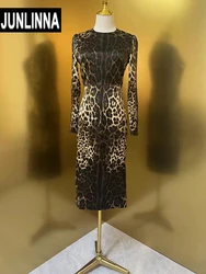 JUNLINNA 100% Silk Leopard Printing Dress Autumn Women O-Neck Long Sleeve Waist Sliming High Street Midi Vestidos