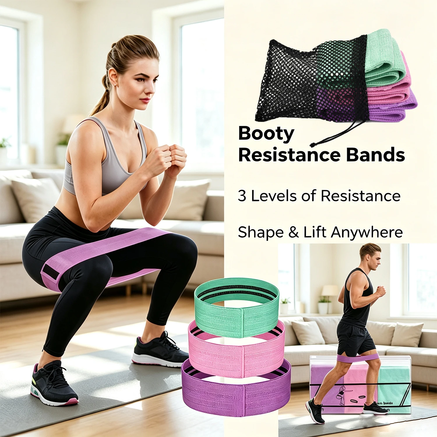 Exercise Bands, 3 Levels Fabric Resistance Bands for Working Out, Workout Bands Resistance ,Leg Strength Training Yoga