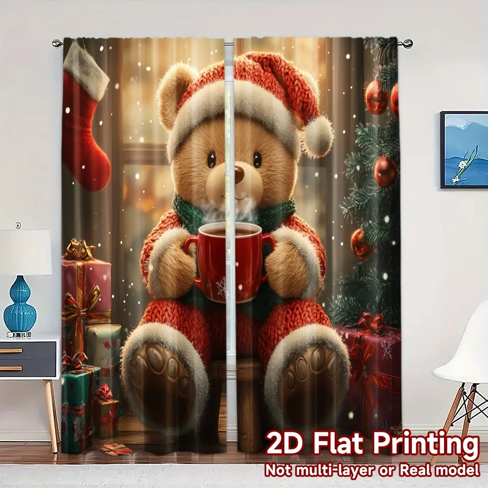 2pcs,Curtains Christmas bear hot chocolate gift (2) Popular Curtains&Drapes Semi-Sheer Curtains Holiday Decorative for