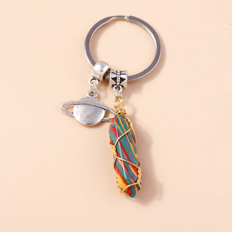 Ethnic Natural Hexagonal Colum Gemstone Sun Keychain Quartz Keyring Pendants for Car Key Handbag Decor Charm Jewelry Accessories