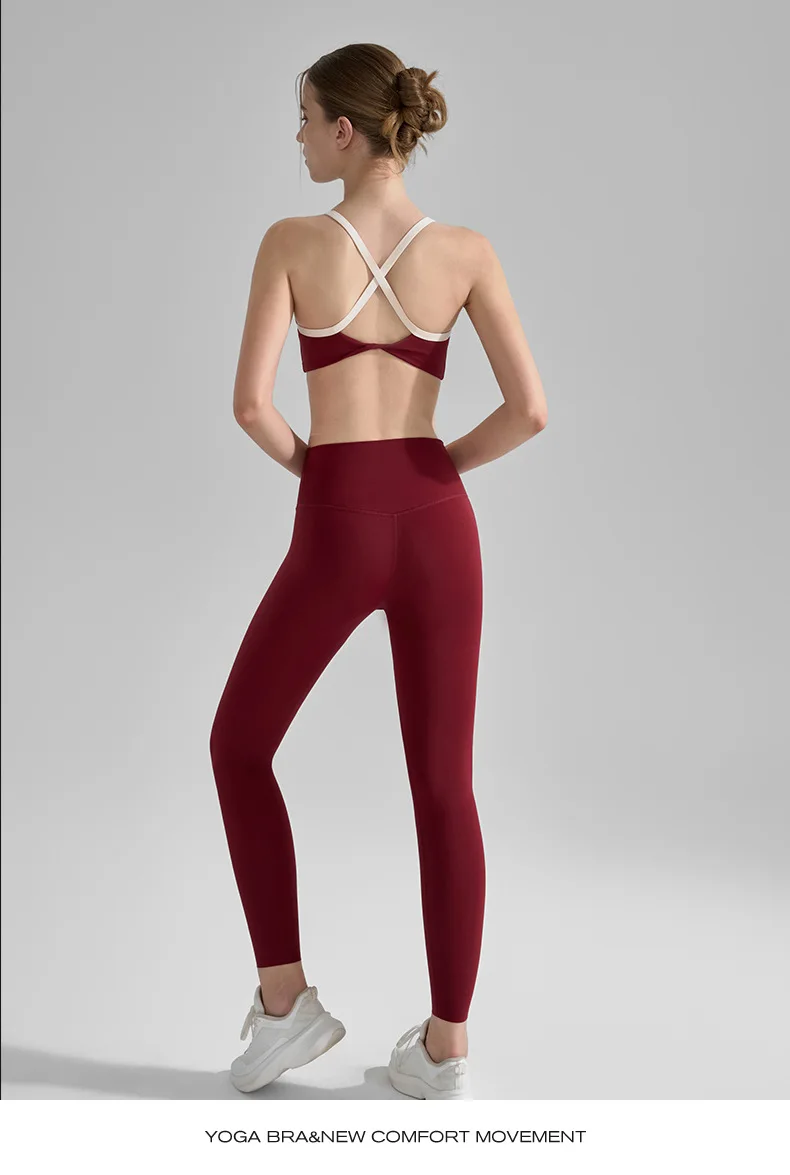 

Women's Nude Fitness Suit Cross Back Camisole Vest Set Anti Roll Edge Long Pants No T-shirt Beautiful Sportswear