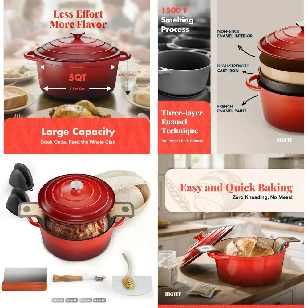 

Enameled Cast Iron Dutch Oven, 5-Quart, Red, for Sourdough Bread Baking with Banneton and Proofing Basket