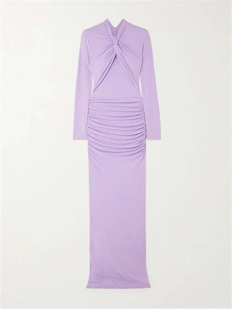 

Hot Selling Lavender Long Sleeves High Neckline Polyester Mermaid Evening Dress Elegant Back Zipper Floor Length Gown For Women