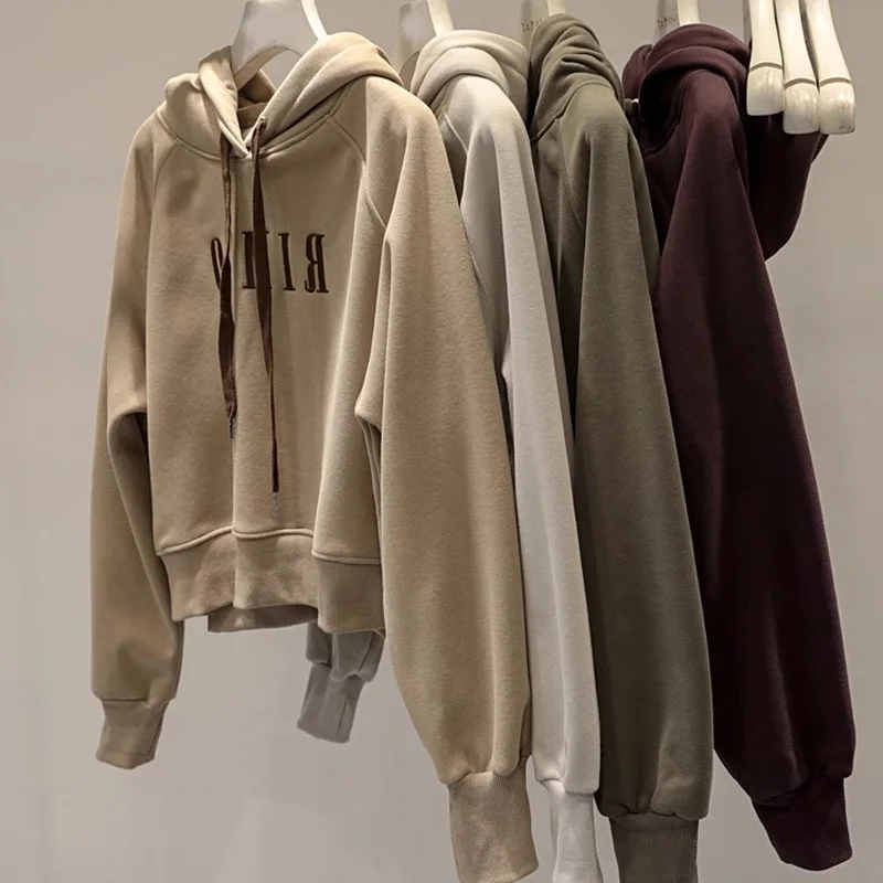 Felpa corta con cappuccio stile americano per donna Top sottile e ampio con copertura superiore spessa Giacca spessa Abbigliamento femminile