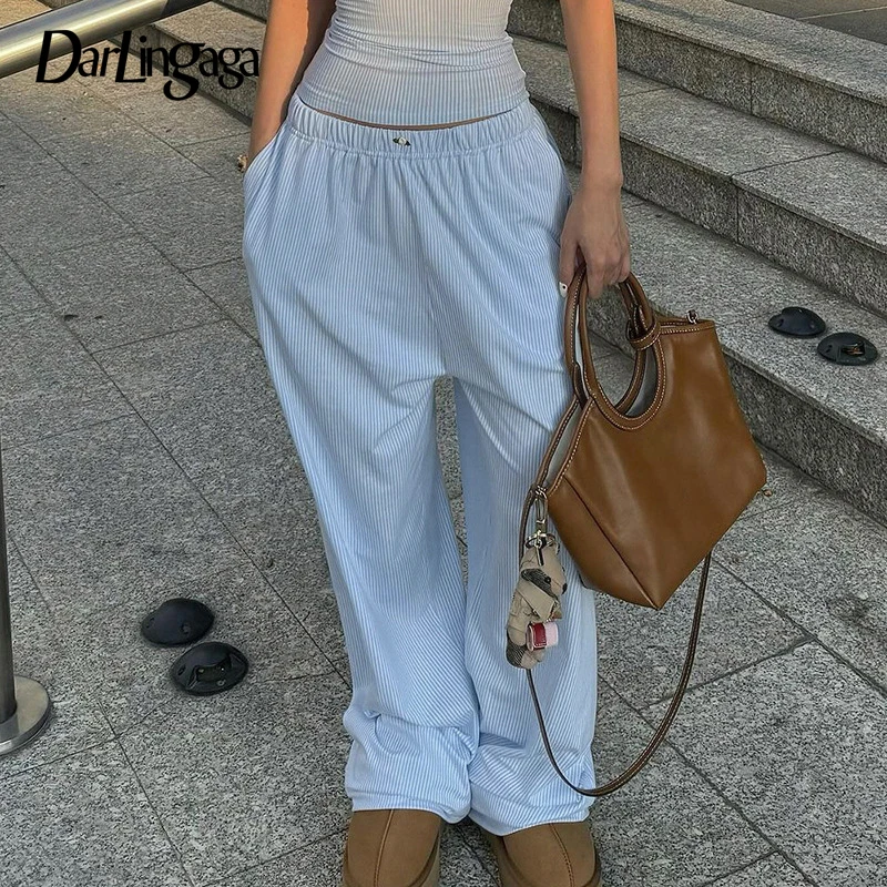 

Darlingaga Casual Stripe Homewear Baggy Women Pants Full Length Straight Harajuku Sweatpants Girls Trousers Elastic Waist Bottom