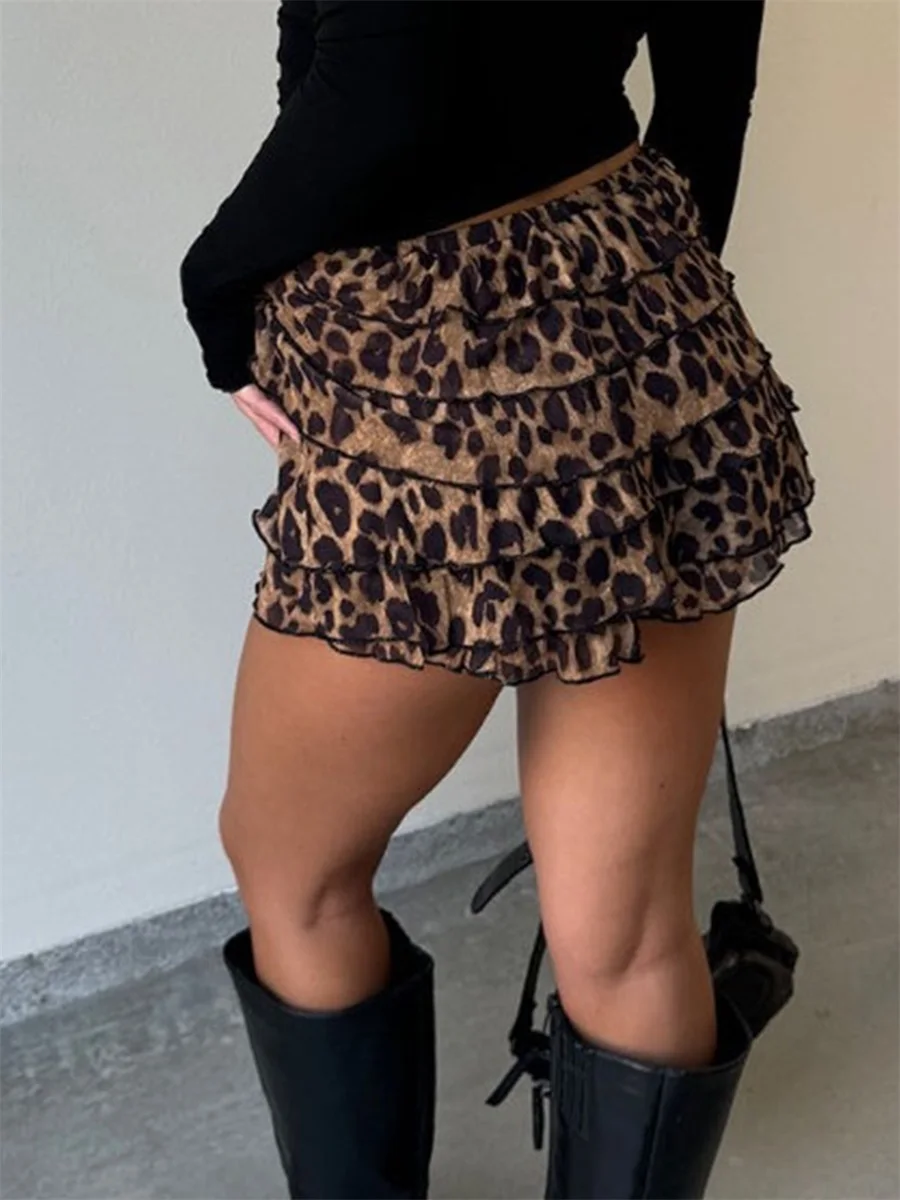 Women Summer Mini Skirt Casual Leopard Print Layered Ruffles A-Line Skirt for Beach Vacation Club Streetwear