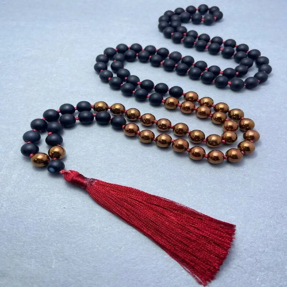 

Natural Matte Black Onyx 108 Beads Mala Necklace with Gold Accent & Red Tassel Spiritual Meditation Jewelry
