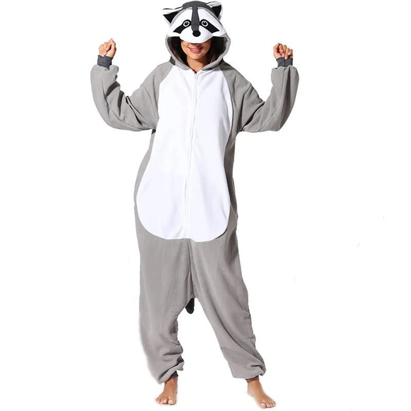 Fleece Kigurumi Raccoon Onesie For Women Pajamas Sleepwear Cosplay Costume Couple Pijamas Men Christmas Halloween Birthday Gift