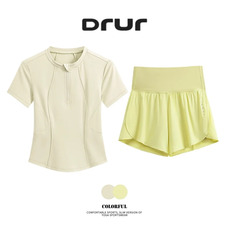 DRUR Yoga Shorts Sets for Women Causal Summer Two Piece Tracksuit With Crew Neck Sport Shirt and Shorts with Pockets Gym Running