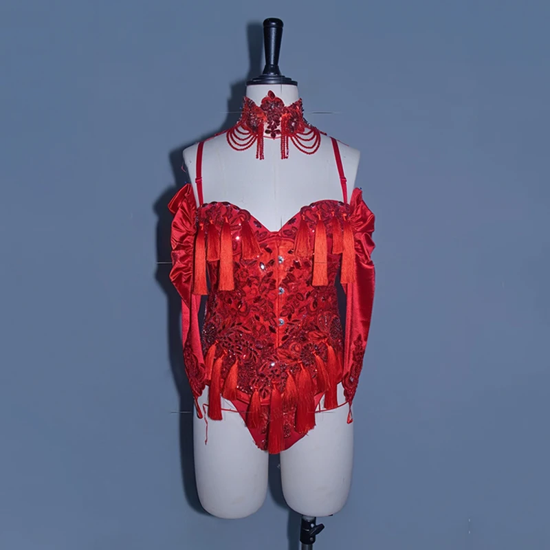 Gogo Danser Outfits Vrouwen Slepen Kleding Rode Glitter Prestaties Outfit Chinese Stijl Show Kleding Party Rave Wear VDL4946