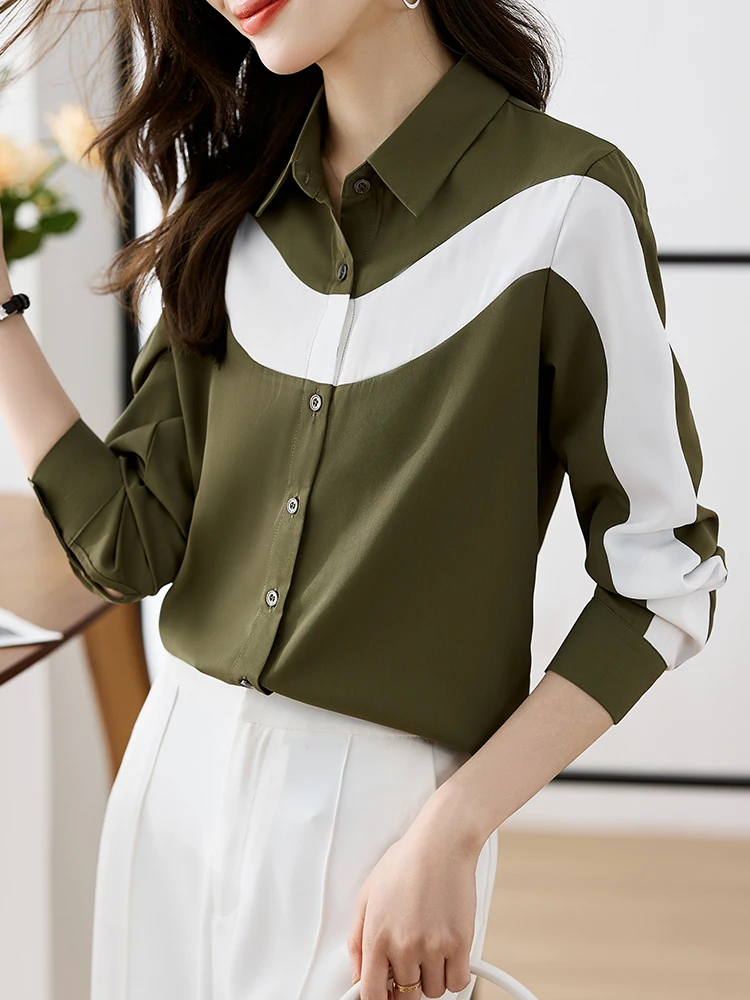 QOERLIN Fashion Contrast Color Lapel Chiffon Shirts Women 2024 Spring Autumn New Long Sleeve Tops Blouse Single-Breasted Shirts