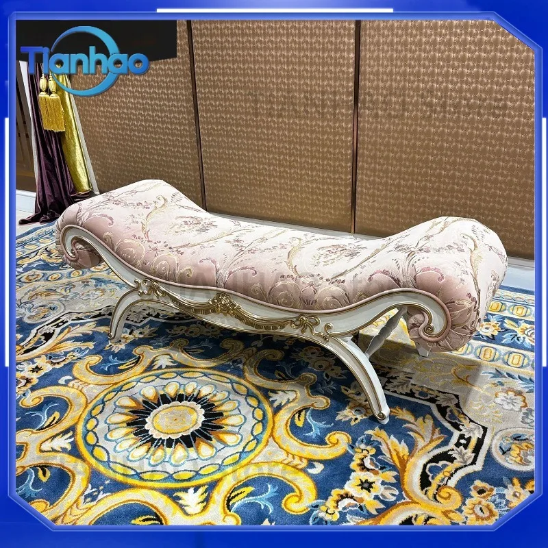 European Embroidered Concubine Stool Solid Wood Bench Bed End Sofa Fabric Stool for Home Decor