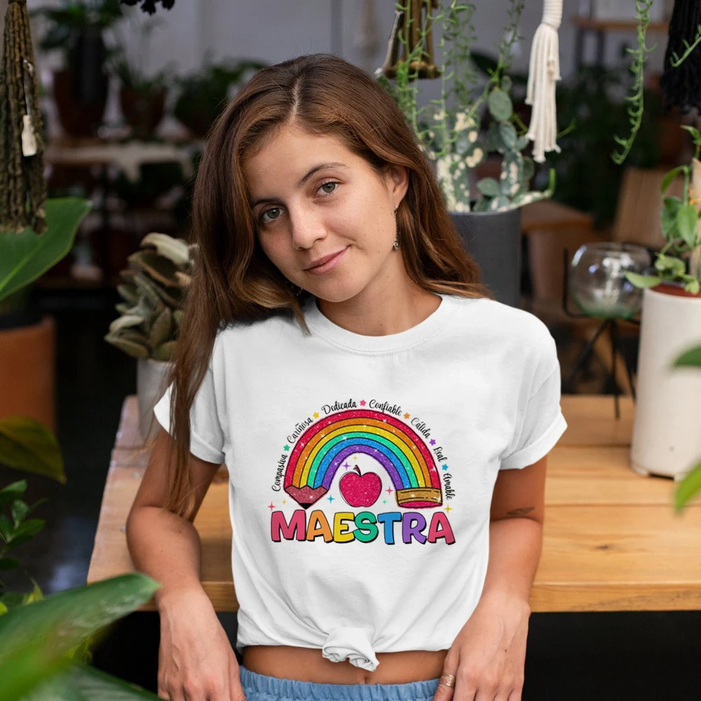 MAESTRA&Rainbow Print Womens T Shirt Casual Round Neck Short Sleeve Teacher T-shirts Fashion Comfy Tees Top Najlepszy prezent dla nauczyciela