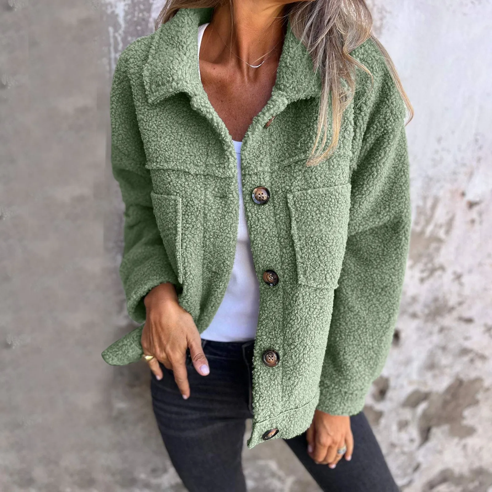 Warm Winter Women Lambswool Jackets Plush Fashion Single Breasted Lapel Shacket Female Vintage Casual Solid Outwear Coats