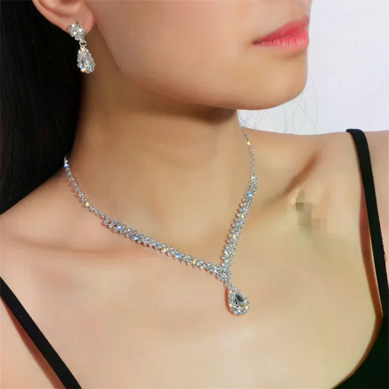 1Set Bridal Necklace Earrings Water Drop-shaped Rhinestone Jewelry Style Sparkling Jewelry Set For Wedding Party Gift