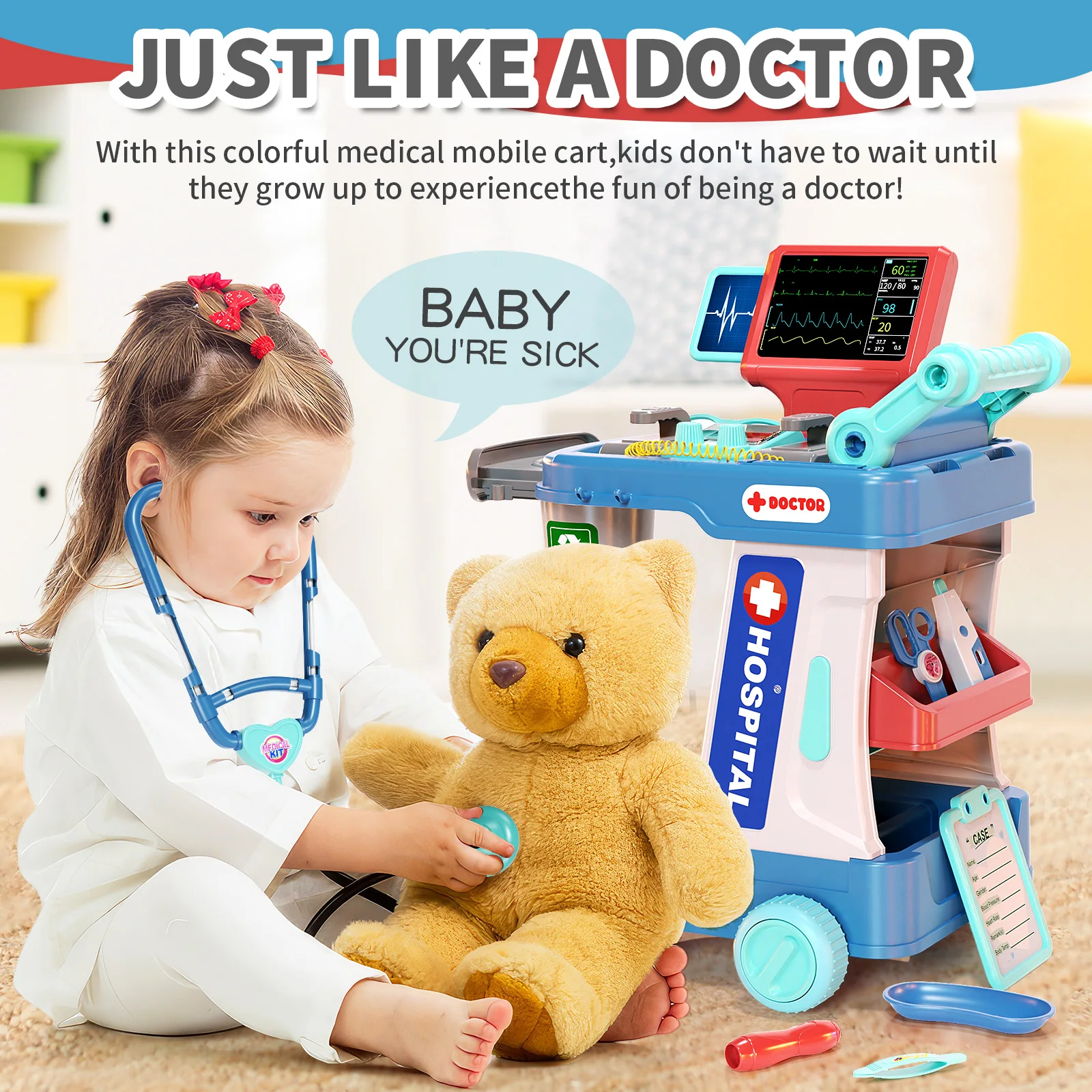 Children's Doctor Toy Simulation Tool Set for Girls with Luggage Rolling Case to Play as Nurse and Give Injections with Stethosc