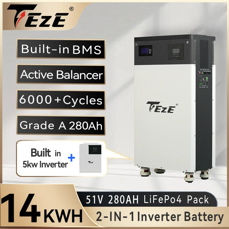 

TezePower 48V 280Ah 14kWh All In One LifePo4 51.2V 280Ah Built-in Inverter With Active Balancer MPPT ESS Home Storage
