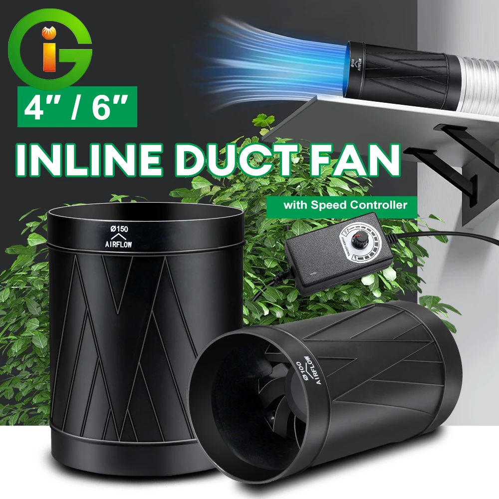 4/6 Zoll Inline-Rohrventilator mit Stufenloser Geschwindigkeitsregelung 130/345CFM Geräuscharmer Energiesparender Lüfter für Growzelt Hydroponik Keller