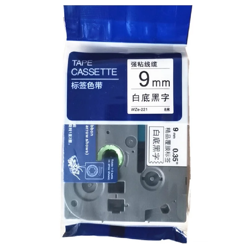 

1PCS Black On White WZe-221 9mm*8m Ribbon Cartridge Adhesive laminated Label Tape Replacement For P-Touch Maker Printer