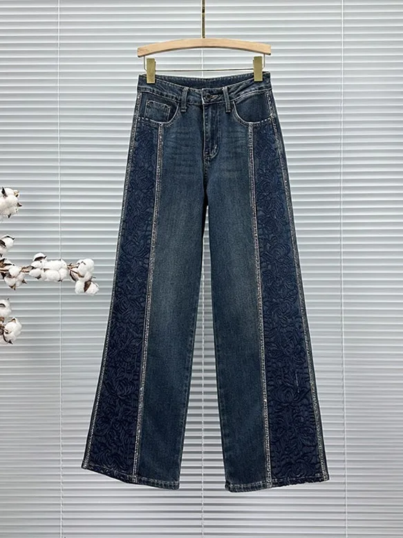 

Women's Embroidered Denim Jeans High Waist Wide Leg Pants Spring New Sle Faionable Diamond Pred Casual All-Match