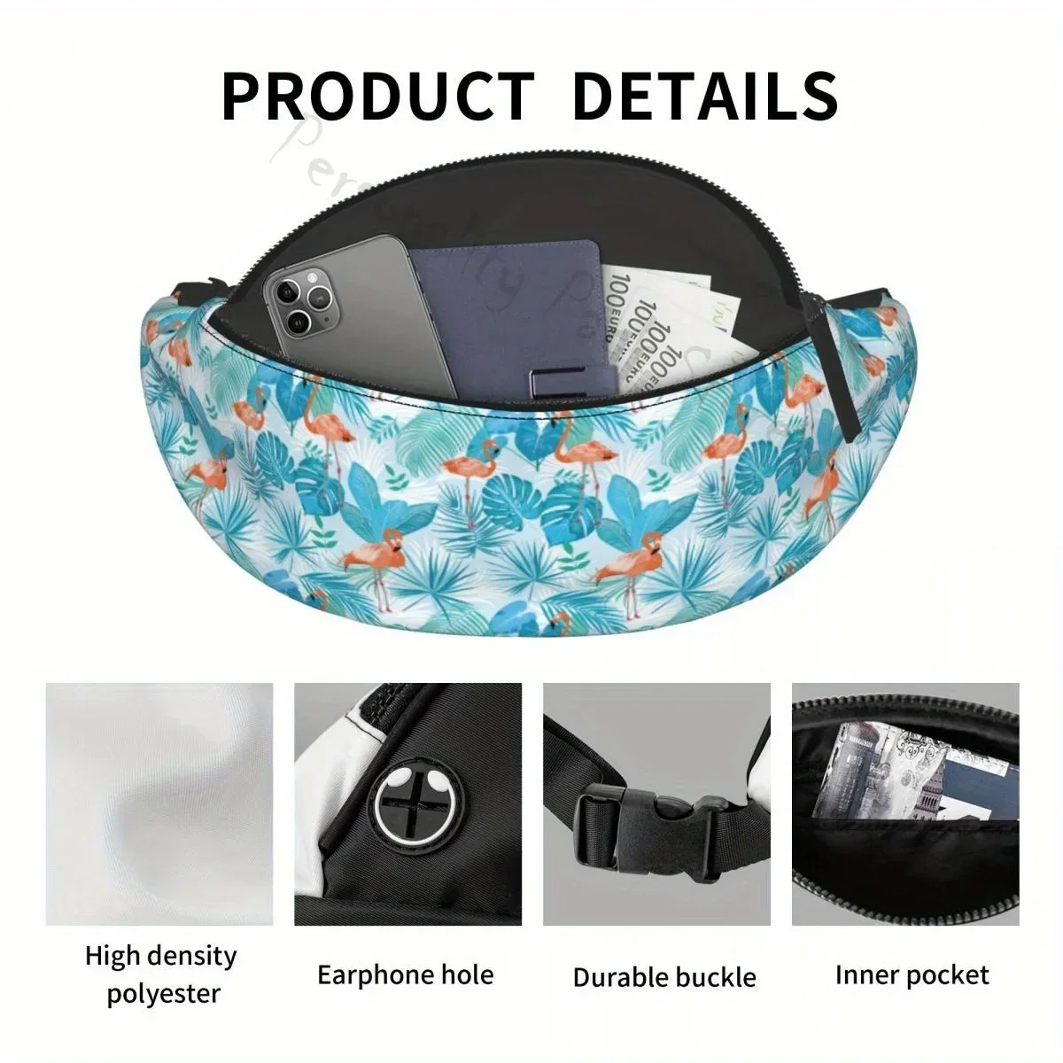 Blue Branches and Flamingo Flowers Waist Pack Hip Bum Bag Large Capacity for Traveling Casual Cycling Running Hiking