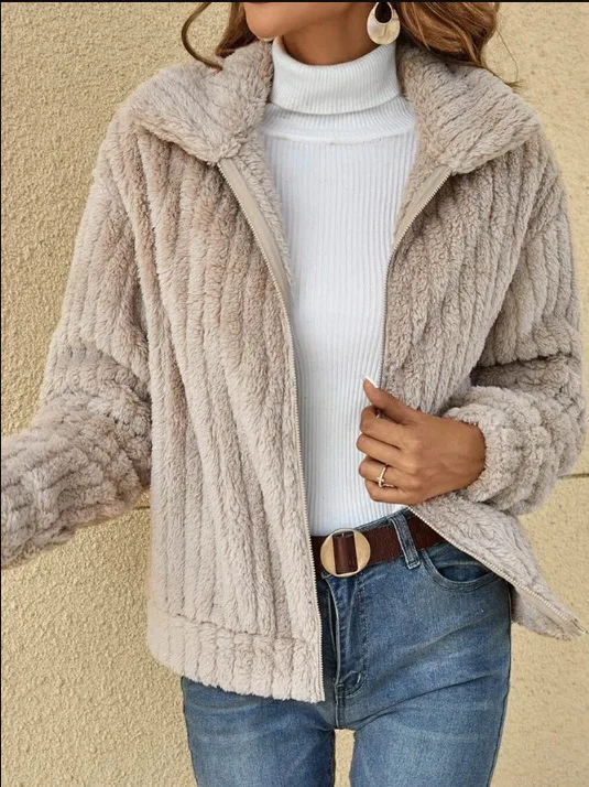 Cardigan en peluche à rayures pour femmes, col rabattu épissé, poche zippée, mode solide, polyvalent, décontracté, veste à manches courtes, nouveau